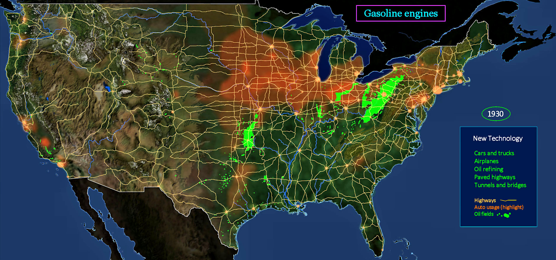 Gasoline, cars and highways, 1930 map